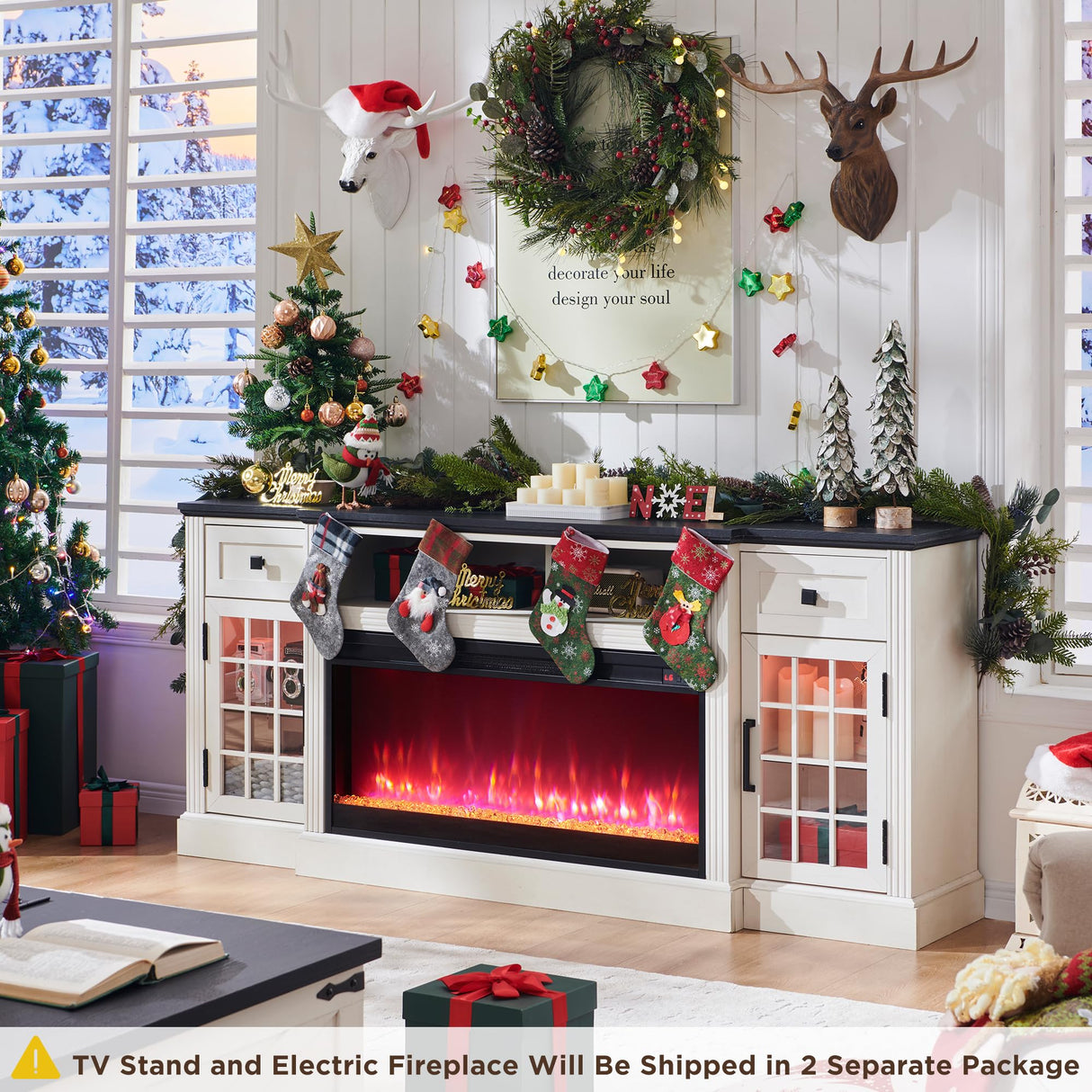 JXQTLINGMU Fireplace TV Stand for 80 Inch TV, Farmhouse Highboy Entertainment Center w/LED Lights & 36" Electric Fireplace, Large Media Console w/Glass Door Cabinet & Storage Drawer, White JXQTLINGMU