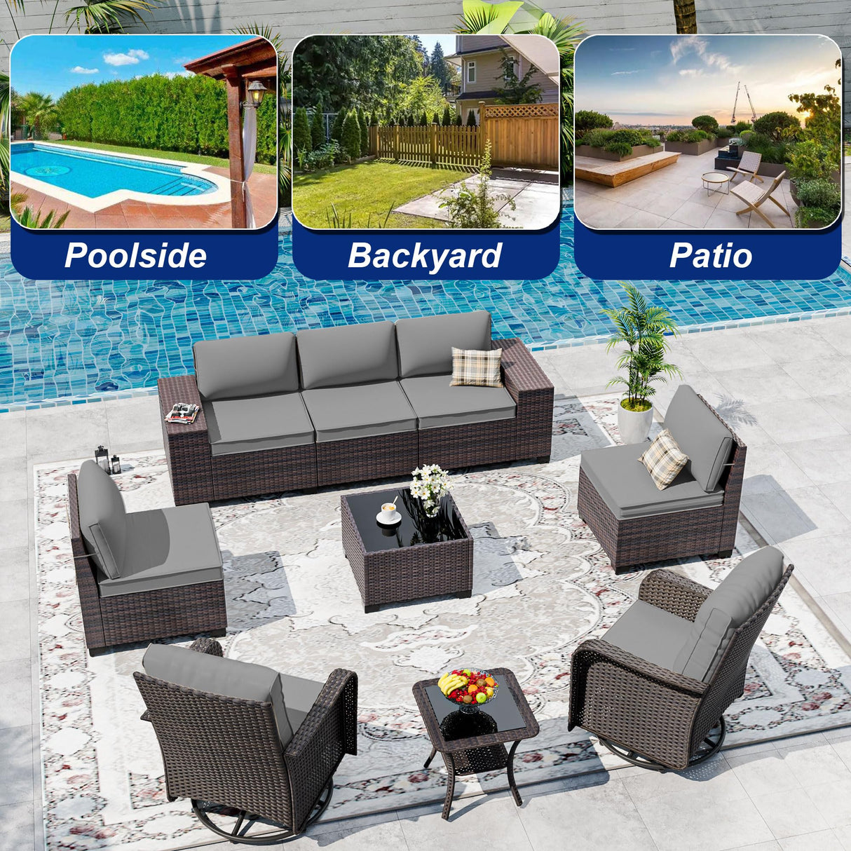 ASJMR 9 Pieces Patio Furniture Set with 2 Swivel Chairs Patio Furniture Outdoor Sectional Sofas Outdoor Patio Conversation Set - Grey ASJMR