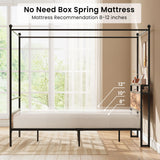 LIKIMIO Canopy Bed Frame Queen with Storage Headboard & Charging Station, Sturdy Metal Platform Bed with 4 Removable Posts, Dual Purpose Bed Frame, No Box Spring Needed, Noise Free LIKIMIO