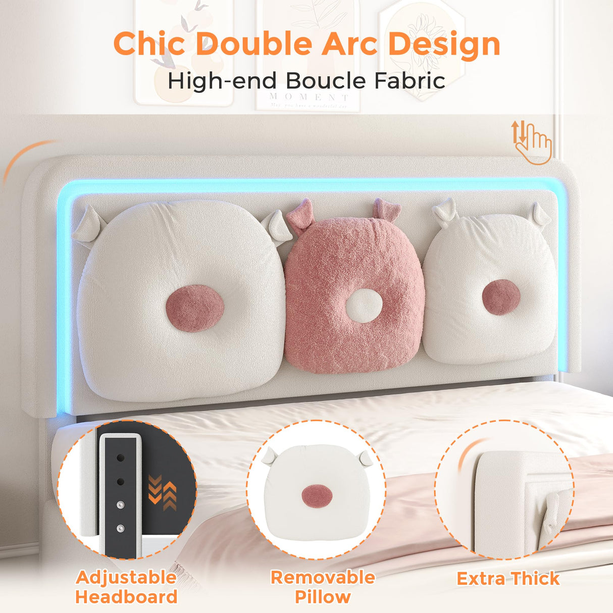 Full Boucle Upholstered LED Bed Frame with Storage Drawer and Adjustable Chic Double Arc Headboard, Princess Platform Cloud Bed with Backrest, Heavy Duty Metal Support, No Box Spring Needed, White Jocoevol