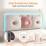 Full Boucle Upholstered LED Bed Frame with Storage Drawer and Adjustable Chic Double Arc Headboard, Princess Platform Cloud Bed with Backrest, Heavy Duty Metal Support, No Box Spring Needed, White Jocoevol