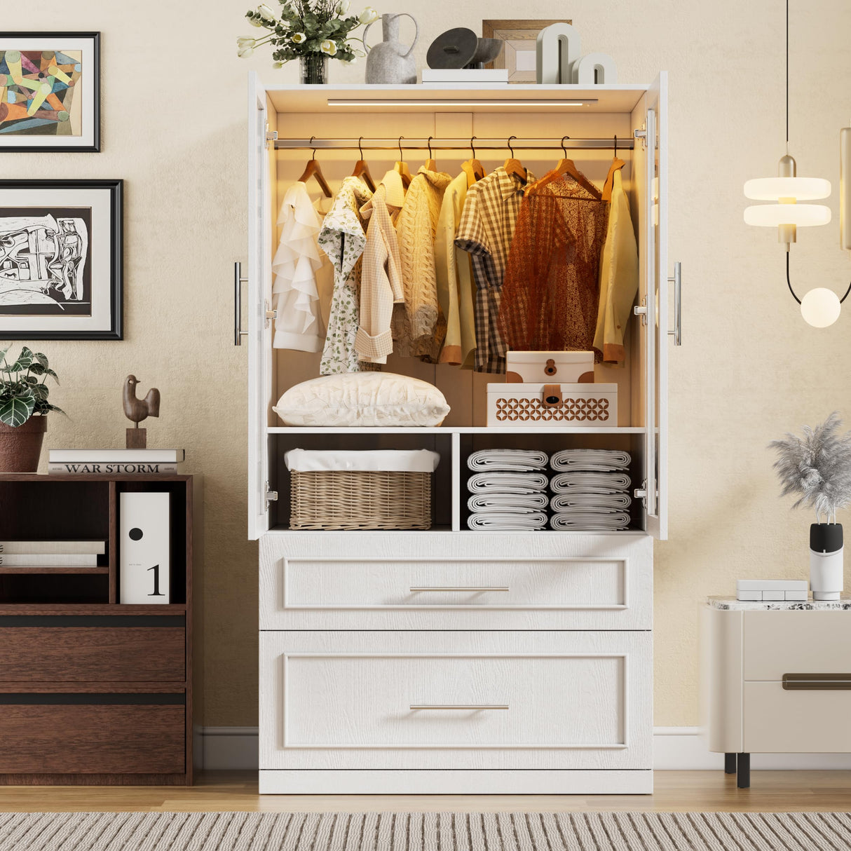 PAKASEPT Armoire Wardrobe Closet with Glass Door and Drawers, Bedroom Closet Wardrobe Cabinet with Hanging Rod, Lighted Freestanding Armoire Storage Cabinet for Bedroom Cloakroom White PAKASEPT