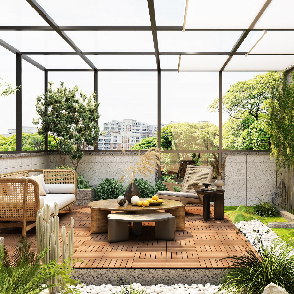 PrimeZone 54 PCS Solid Acacia Wood Interlocking Patio Deck Tiles - 12" x 12" Indoor Outdoor Waterproof Flooring Tiles for Balcony, Backyard, Garden & Poolside, All Weather Use, Natural Wood PrimeZone