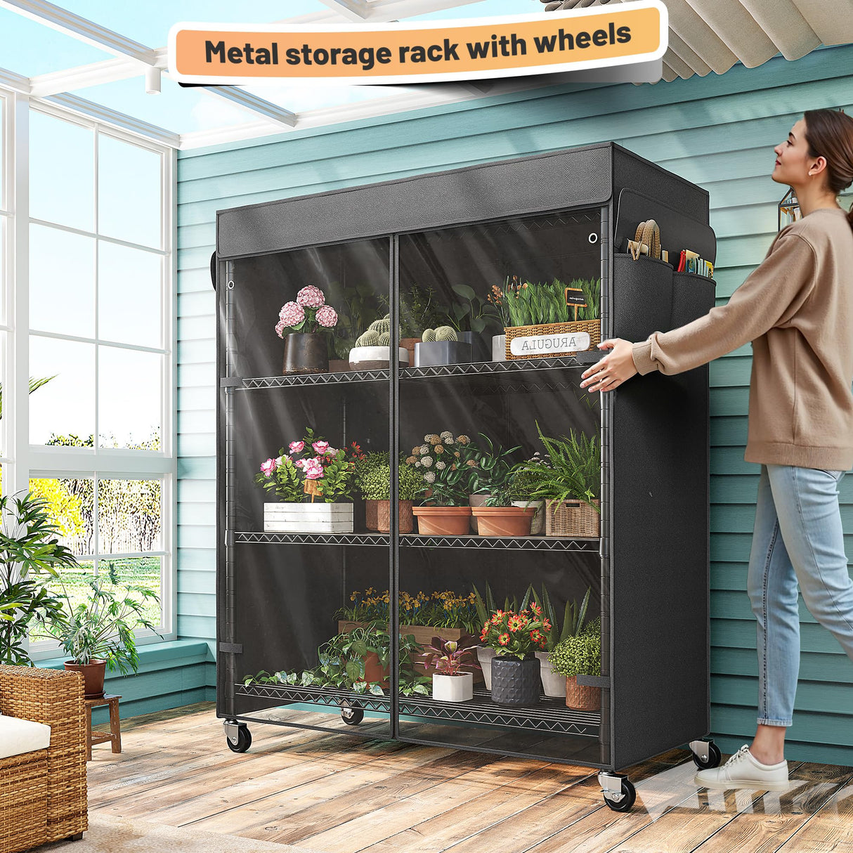 REIBII 4-Tier Storage Shelves Wire Shelving Unit with Cover & Wheels, Heavy Duty Metal Shelving for Dorm Storage Shelves, Garage Storage Rack Commercial Shelf, 36" W*14.3" D*56.5" H REIBII