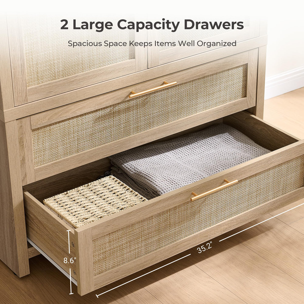 SICOTAS Rattan Armoire Wardrobe Closet Cabinet, 71" Tall Wardrobe Storage Cabinet with Doors, Large Drawers and Hanging Rod, Boho Armoire Clothes Organizer for Bedroom, Cloak Room, Light Oak SICOTAS