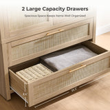 SICOTAS Rattan Armoire Wardrobe Closet Cabinet, 71" Tall Wardrobe Storage Cabinet with Doors, Large Drawers and Hanging Rod, Boho Armoire Clothes Organizer for Bedroom, Cloak Room, Light Oak SICOTAS