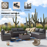 Kullavik Outdoor Patio Furniture Set 6 Pieces Sectional Rattan Sofa Set Brown PE Rattan Wicker Patio Conversation Set with 5 Grey Seat Cushions and 1 Tempered Glass Table Kullavik
