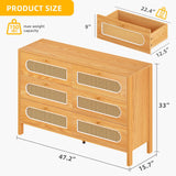 DWVO Natural Rattan 6 Drawer Dressers - Oak Wooden Dresser Chest of Drawers with Golden Handles - Modern Large Closet Boho Dressers Storage Cabinet for Living Room/Hallway/Entryway DWVO