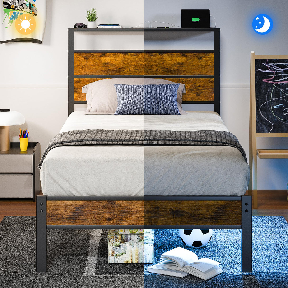 Twin Bed Frame with Storage Headboard and USB Charging Station, Smart LED Lights, Noise Free, Metal Platform Bed Easy Assembly, No Box Spring Needed Liians