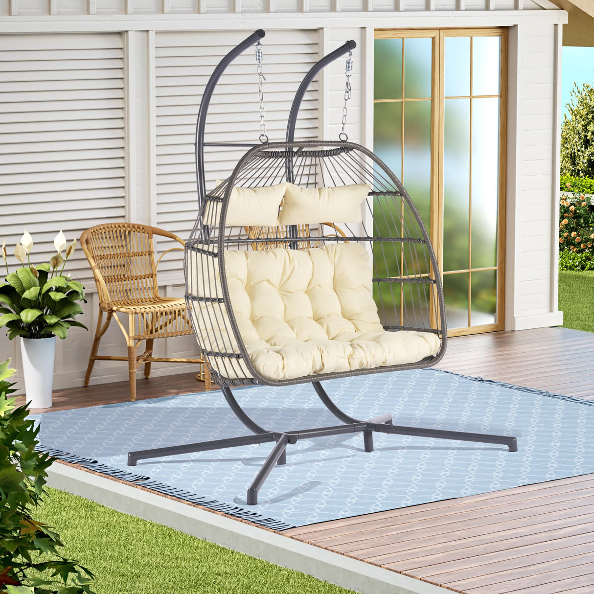 2 Person Outdoor Hanging Egg Chair, Patio Rattan Wicker Egg Chair, Double Swing Hanging Chair with Stand, Outdoor Swing Chair, Patio Egg Chair Swing, Beige (Beige, 2 Person) Generic