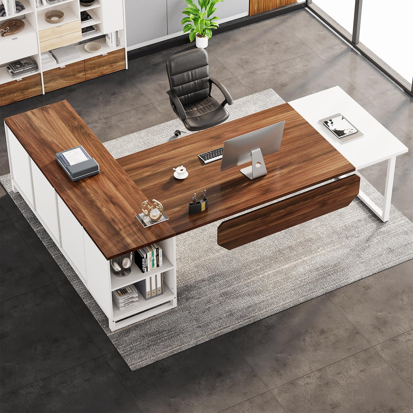 Tribesigns 70.8-Inch Executive Desk with 55-Inch File Cabinet, Large L Shaped Computer Desk with Storage Cabinet and Shelves, Modern L-Shaped Desk for Home Office, Walnut & White - WoodArtSupply