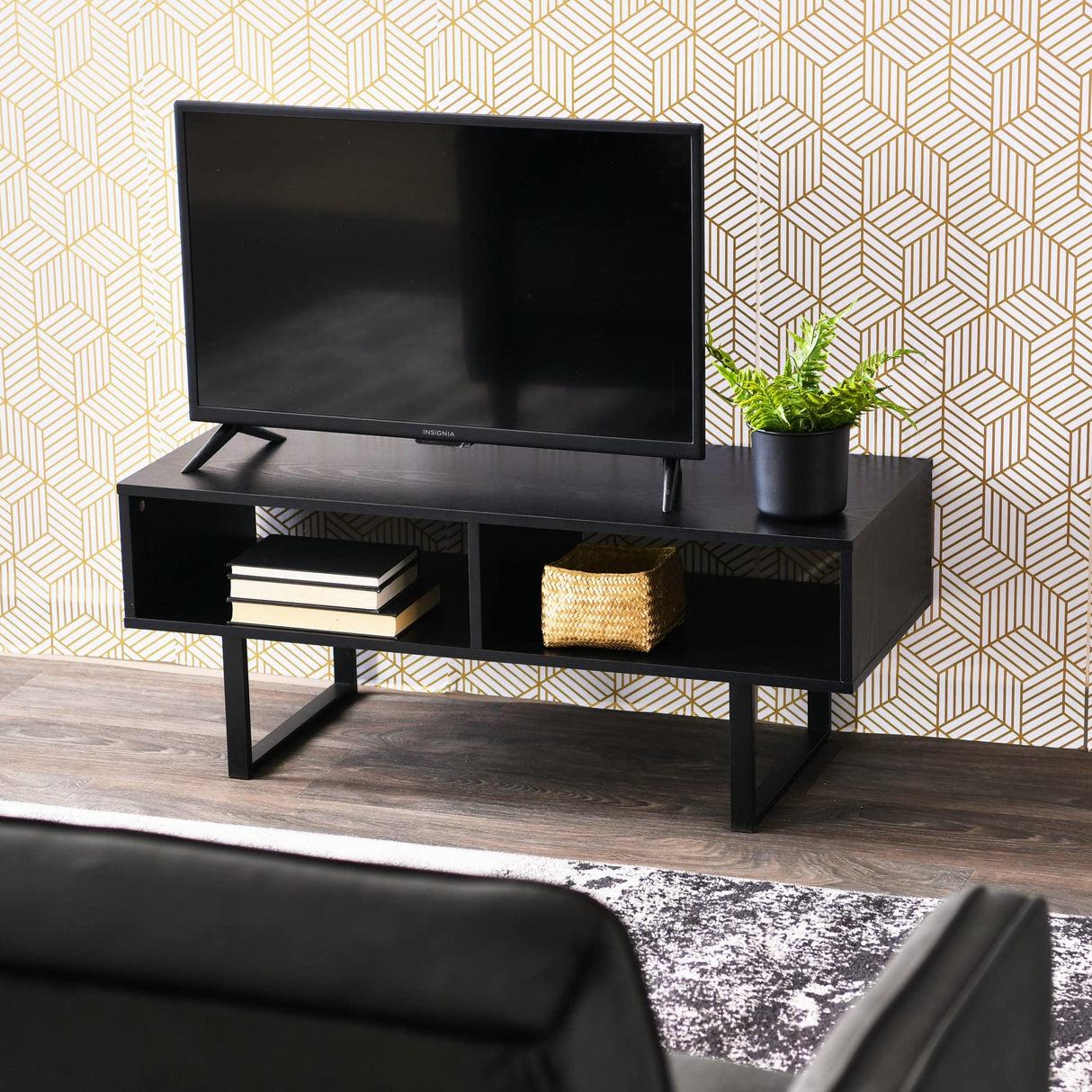 Household Essentials Jamestown TV Stand Coffee Table with Rectangular Storage Compartments Black Oak Wood Grain and Black Metal Household Essentials