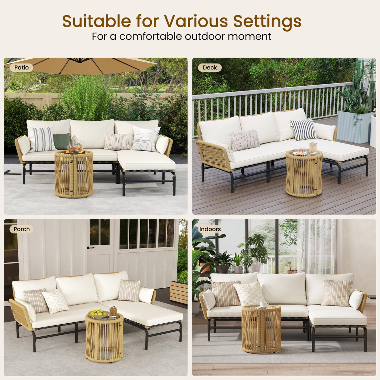 Yaheetech 3 Pieces L-Shaped Conversation Sofa Set, Outdoor Patio Furniture Set w/Detachable Lounger, Thick Cushions, Glass Side Table for Patio, Backyard, Porch, Garden Yaheetech