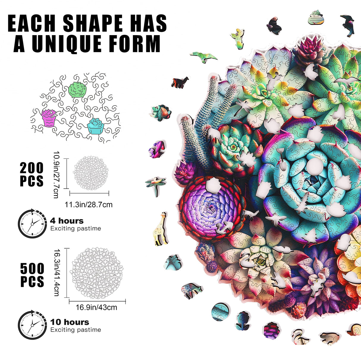 Mys Aurora Unique Wooden Jigsaw Puzzles - Mandala Succulent Plants, 500 Pcs King Size 16.9'' x 16.3'', Luxurious Shaped Wood Puzzle, Beautiful Package, Best Gift for Adults and Kids, Family Game Mys Aurora