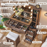 ACCOHOHO Farmhouse Vanity Desk with Mirror and Lights, 43" Wide Makeup Vanity with Glass Tabletop and Charging Station, Modern Vanity Table Set with Storage and Stool for Bedroom, Light Brown ACCOHOHO