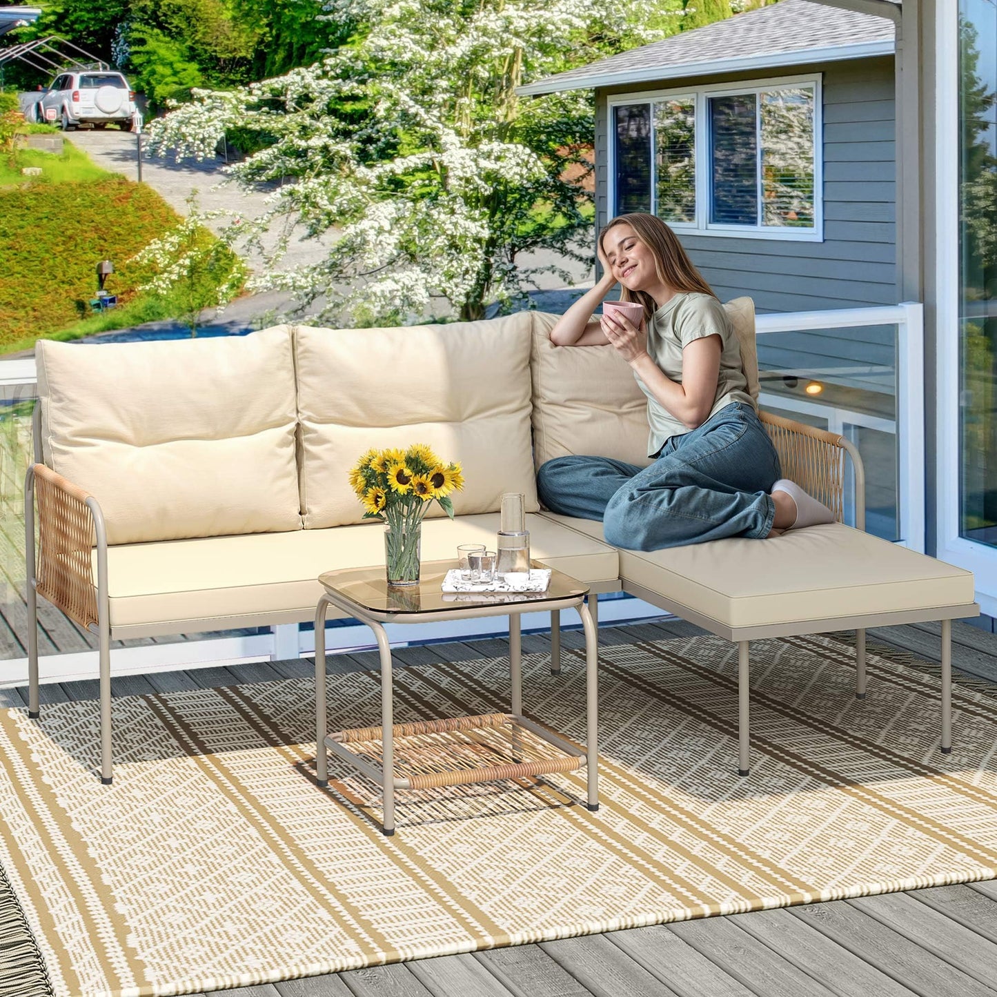 YITAHOME 3 Pieces Patio Furniture Set, Outdoor Wicker Conversation Set, All-Weather Rattan Sectional L-Shaped Sofa Detachable Lounger with Cushions and Coffee Table for Backyard, Porch, Boho  - WoodArtSupply