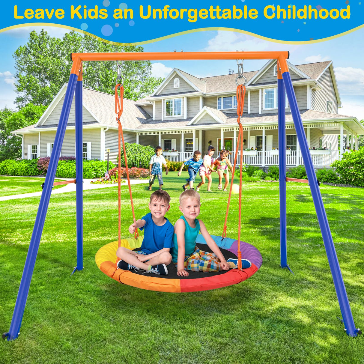 GIKPAL Saucer Swing with Stand for Kids Outdoor, 440lbs Swing Set with Heavy-Duty Metal Frame and Adjustable Ropes, Safe Waterproof Round Playset for Backyard Playground Park, Rainbow Color GIKPAL