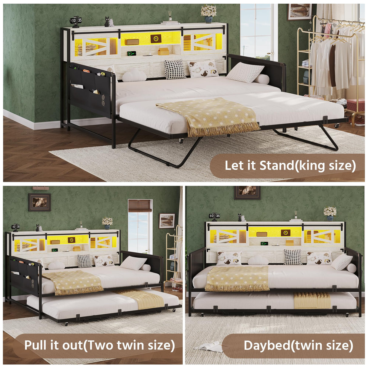 Dnxao Daybed with Trundle,Farmhouse Twin Bed Frame with 2-Tier Storage Shelves,LED Lights and Charging Station,Twin Sofa Daybed for Living Room,Bedroom and Guest Room,White Dnxao