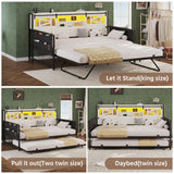 Dnxao Daybed with Trundle,Farmhouse Twin Bed Frame with 2-Tier Storage Shelves,LED Lights and Charging Station,Twin Sofa Daybed for Living Room,Bedroom and Guest Room,White Dnxao