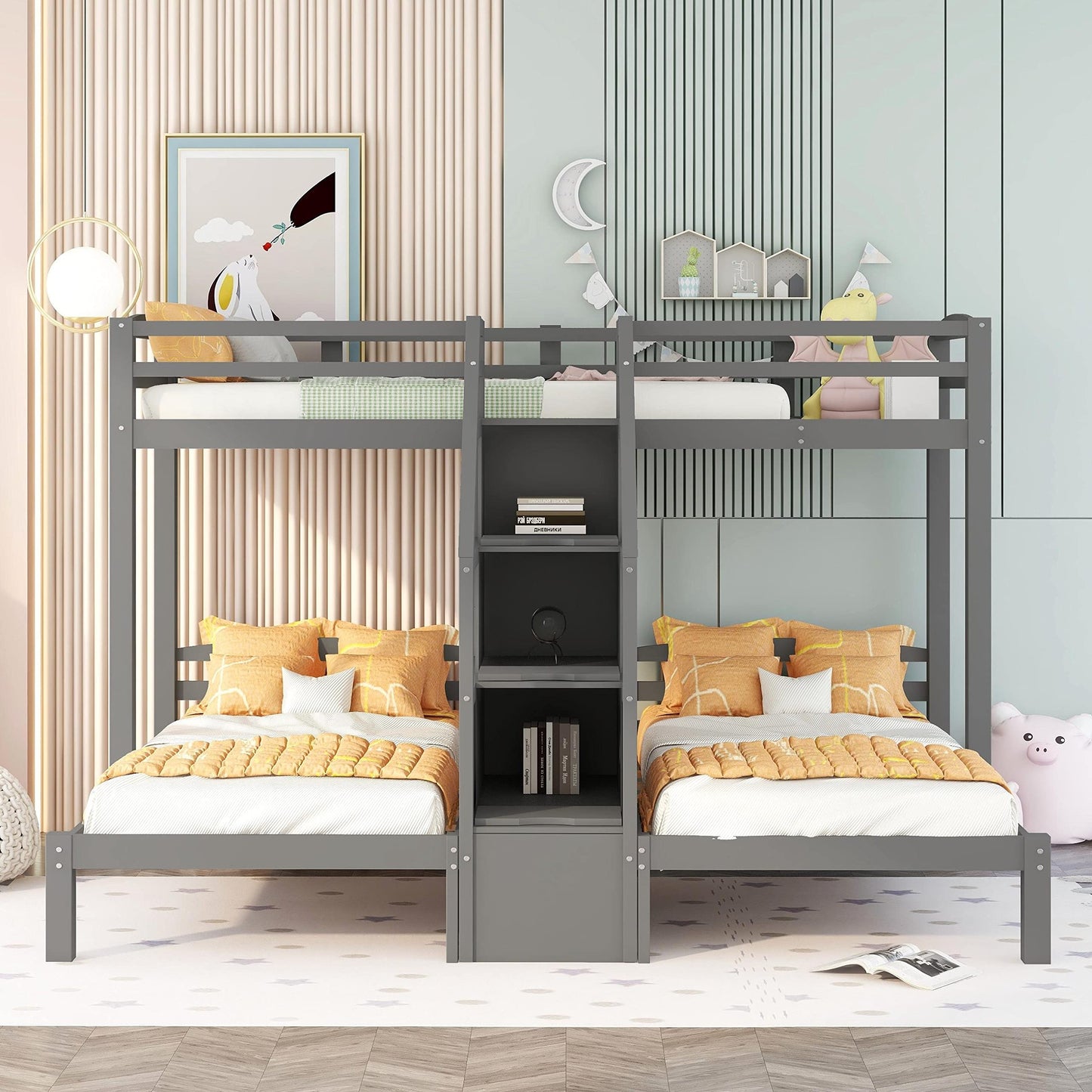 Harper & Bright Designs Triple Bunk Bed with Stairs, Twin Bunk Beds for 3, Wooden Bunk Bed with Built-in Staircase and Little Drawer for Kids Teens Adults, Gray