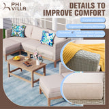 PHI VILLA 5-Piece Patio Wicker Furniture Set, Outdoor Sectional Rattan Cushion Sofa Couch Conversation Set with Ottoman, Acacia Wood Coffee Table for Poolside,Beige PHI VILLA