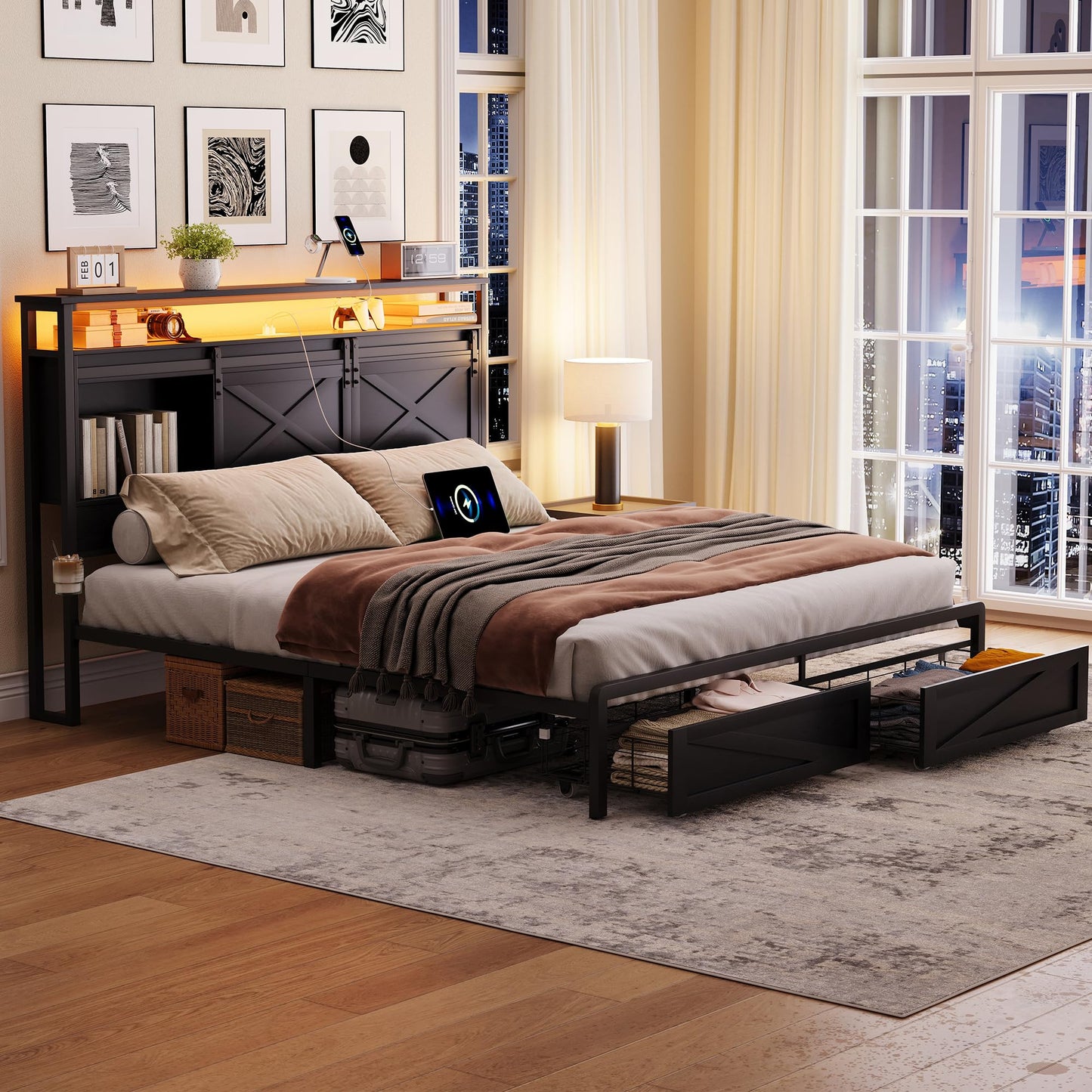 Ailisite Farmhouse Wood Full Size Bed Frame with Storage Drawers and Bookcase Headboard, Sliding Barn Door Led Storage Headboard & Charging Station,Black Platform Bed with Storage,No Box Spri - WoodArtSupply