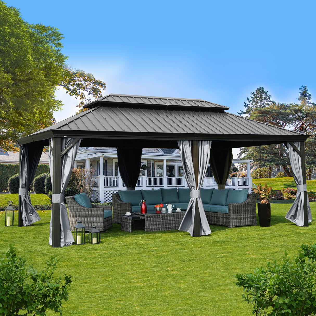 Kozyard Alexander 12' X 20' Hardtop Gazebo, Aluminum Metal Gazebo with Galvanized Steel Double Roof Canopy, Curtain and Netting, Permanent Gazebo Pavilion for Patio, Backyard, Deck, Lawn (Gray) Kozyard