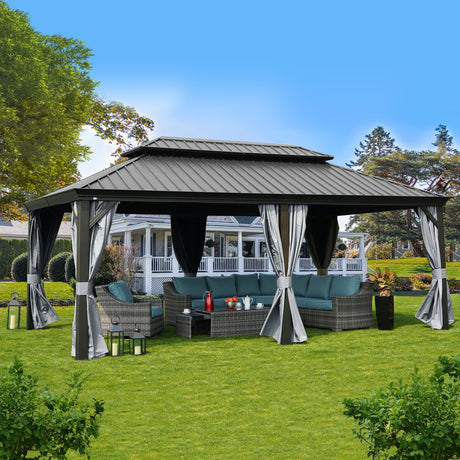 Kozyard Alexander 12' X 20' Hardtop Gazebo, Aluminum Metal Gazebo with Galvanized Steel Double Roof Canopy, Curtain and Netting, Permanent Gazebo Pavilion for Patio, Backyard, Deck, Lawn (Gray) Kozyard