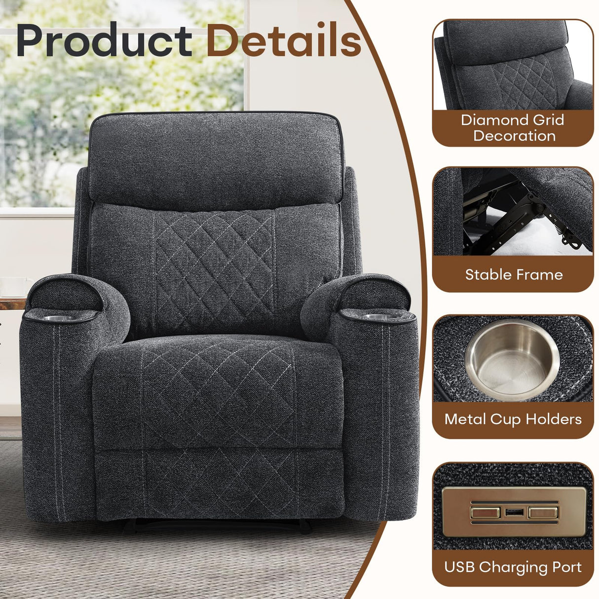 HAOMARKETS 2-Piece Electric Recliner Sofa Set with Charging Port, Include Single Power Reclining Chair and 3-Seater Reclining Sofa for Living Room, Dark Grey HAOMARKETS