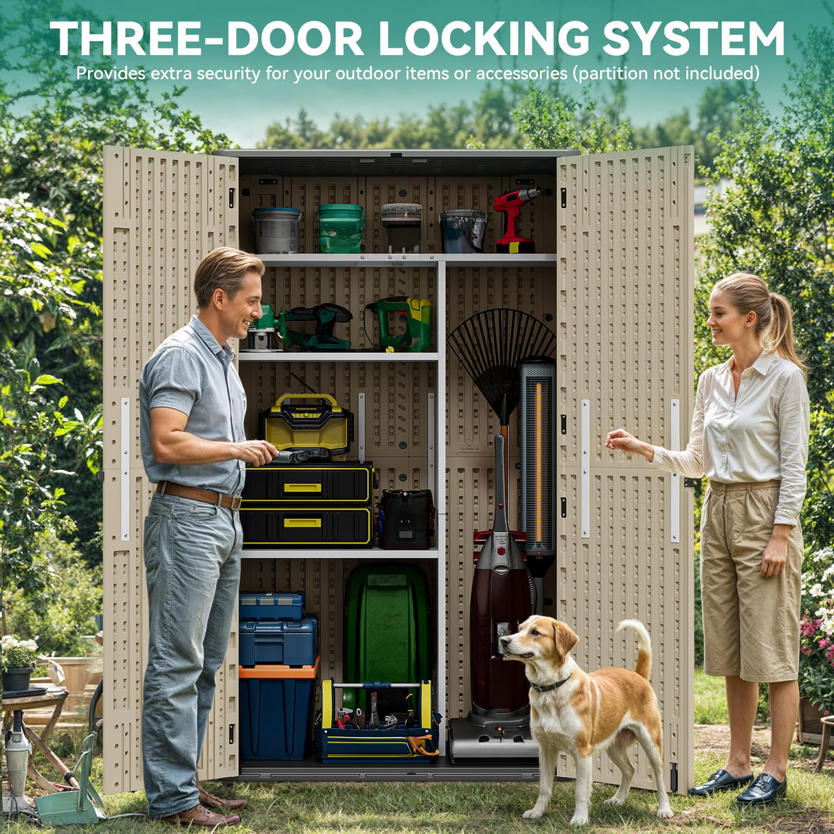 YITAHOME 60 cuft Vertical Outdoor Storage Shed w/o Shelf, Large Waterproof Storage Cabinet for Garden Shed, Tall Outdoor Storage Shed for Garage, Pool Storage, Resin, Lockable, Khaki & Brown YITAHOME