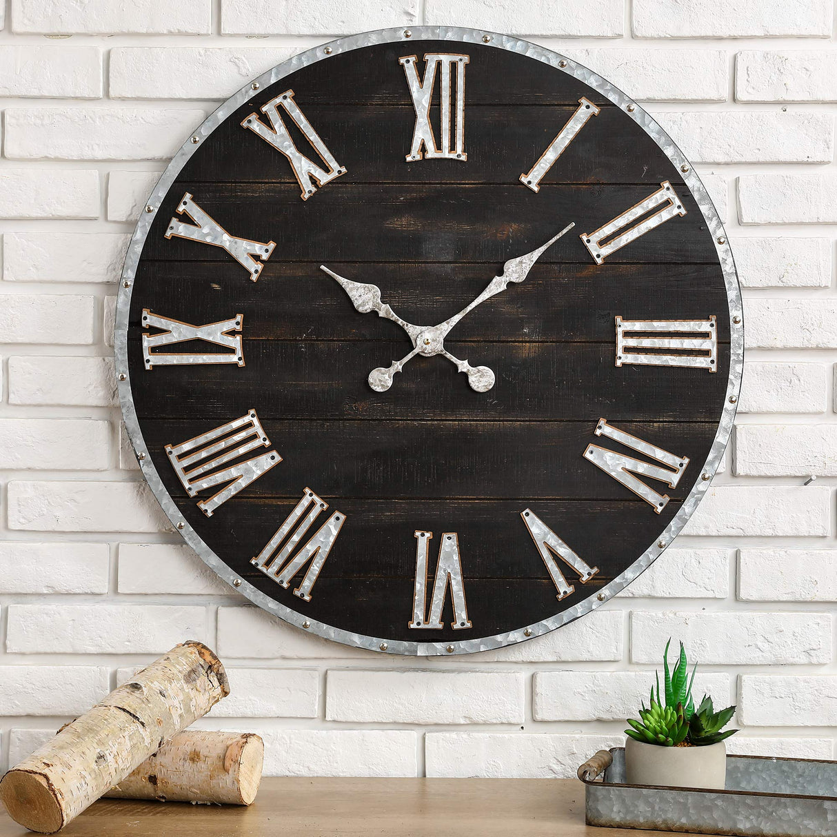 Glitzhome 28 Inches Huge Wall Clock Chic Distressed Black Clock Antique Rustic Wooden Clock Silent Non-Ticking Battery Operated Roman Numerals for Office Living Room Farmhouse Kitchen Decor Glitzhome