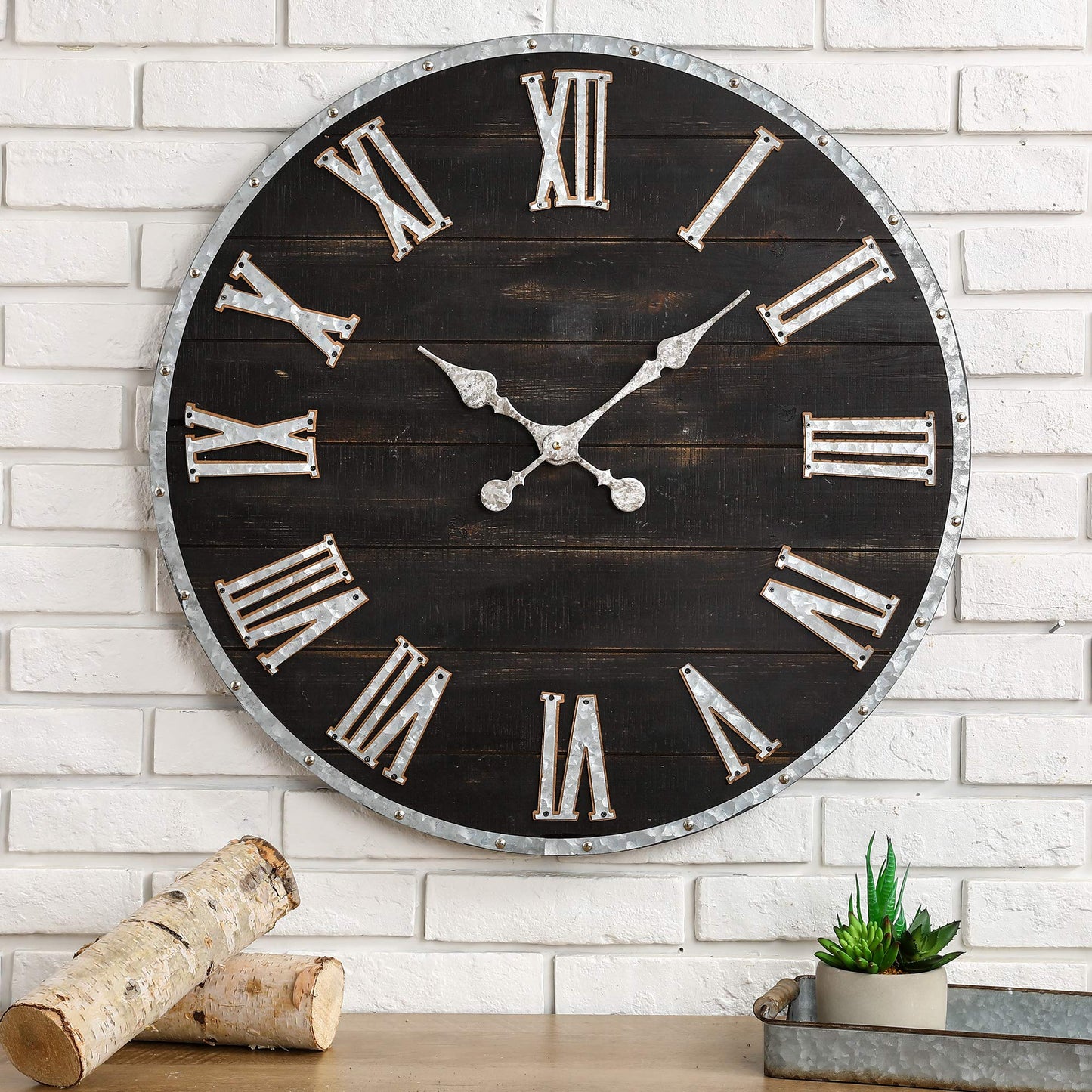 Glitzhome 28 Inches Huge Wall Clock Chic Distressed Black Clock Antique Rustic Wooden Clock Silent Non-Ticking Battery Operated Roman Numerals for Office Living Room Farmhouse Kitchen Decor - WoodArtSupply