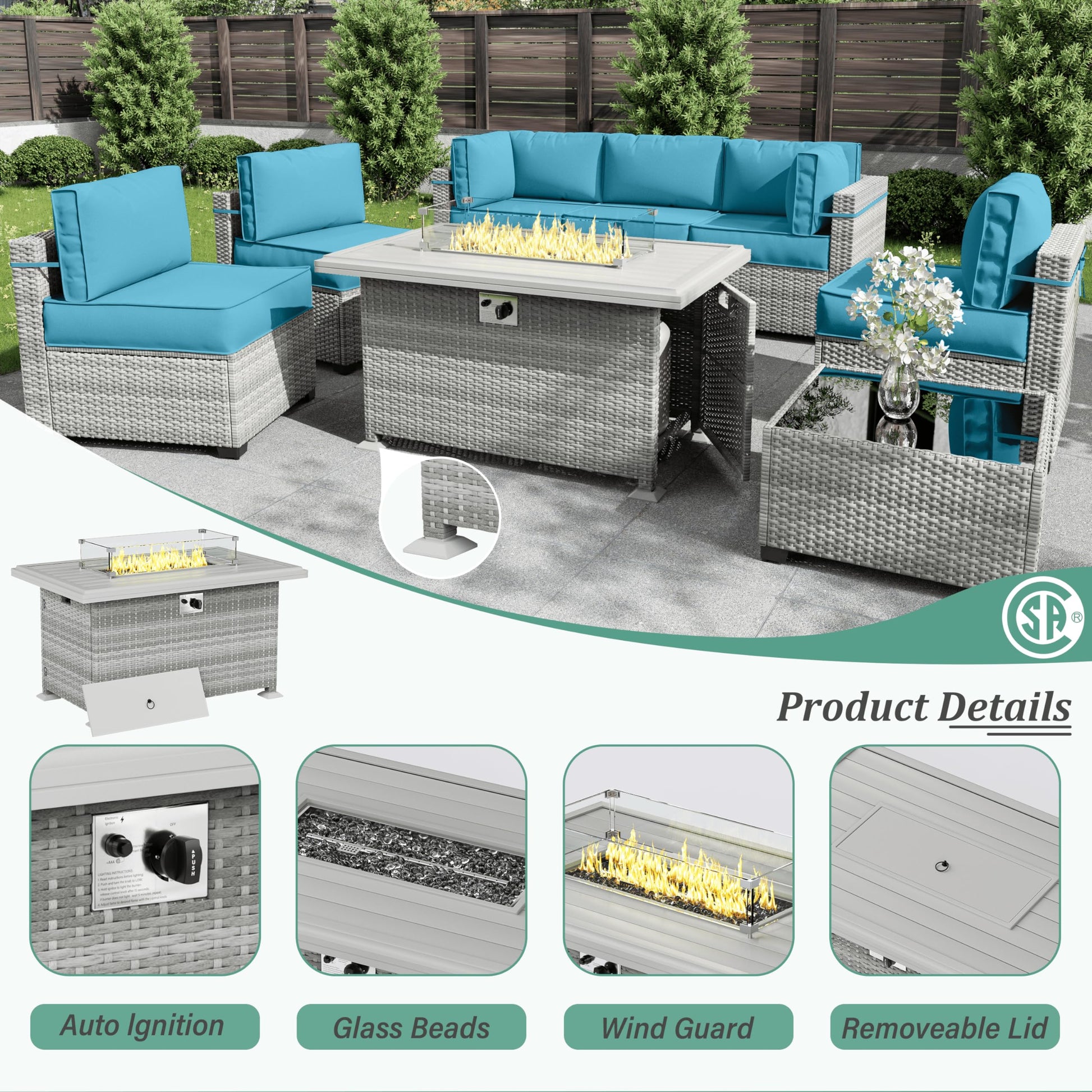 8-Piece Patio Furniture Set With Fire Pit Table, With 5" High-Resiliency Seat Cushions Light Grey Outdoor Modular Wicker Conversation Set, With 43in 55,000 Btu Propane Gas Fire Pit Table,Lake - WoodArtSupply