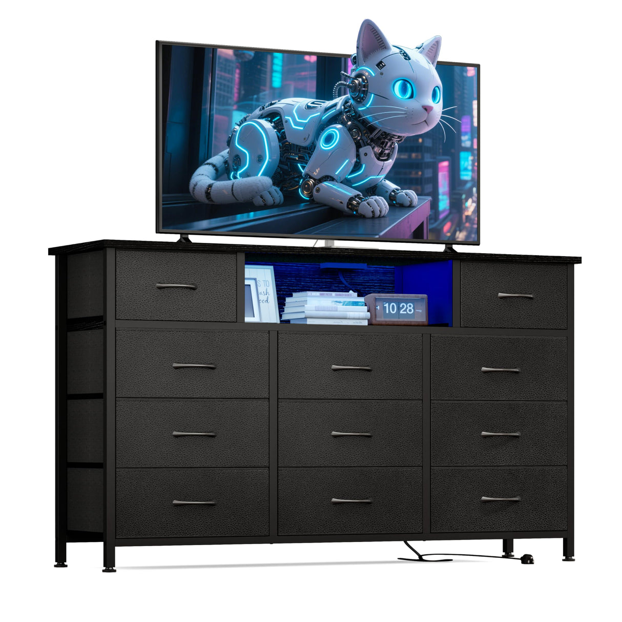 YGEOMER 59in Long Black Dresser for Bedroom TV Stand with Charging Station and LED Lights, Black Dresser with 11 Drawers, Fabric Chest of Drawers with PU Finish for Bedroom, Entryway YGEOMER