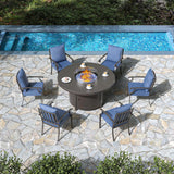 RTDTD 7 Pieces Patio Furniture Set with Round Fire Pit Table, Outdoor Conversation Sets 6 Chairs with Upgrade Cushions for Patio, Backyard Dark Blue RTDTD