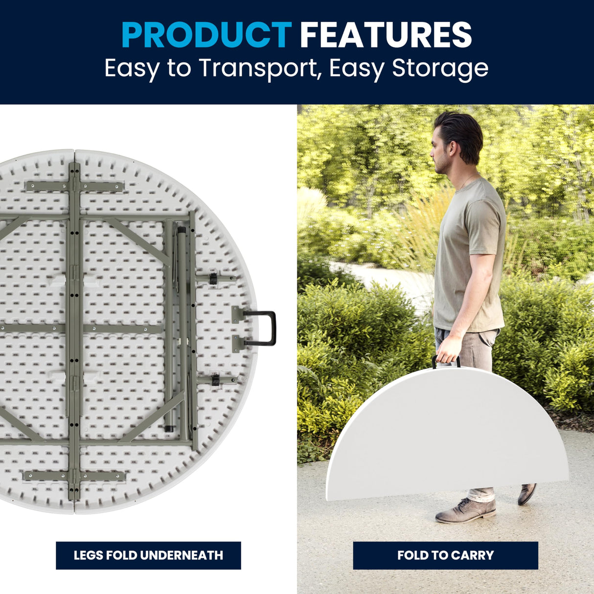 Flash Furniture Freeman 4' Round Plastic Folding Event Table with Carrying Handle, Bi-Fold Portable Banquet Table for Indoor/Outdoor Events, White Flash Furniture