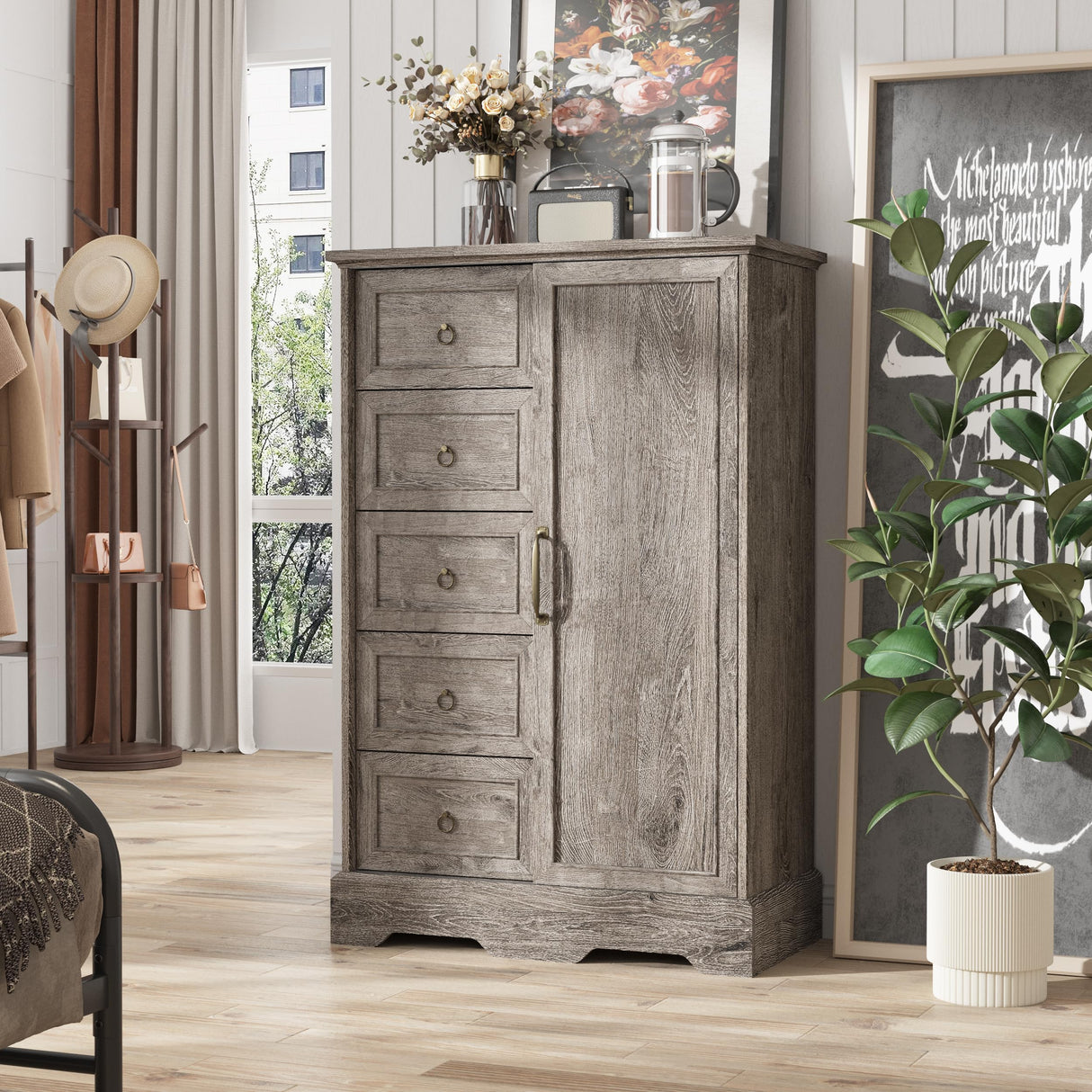 Vabches 5 Drawers Dresser for Bedroom with Sliding Barn Door, 48" Tall Farmhouse Modern Chest of Drawers, Wood Organizer Dresser for Bedroom, Hallway, Living Room, Rustic Washed Grey Vabches