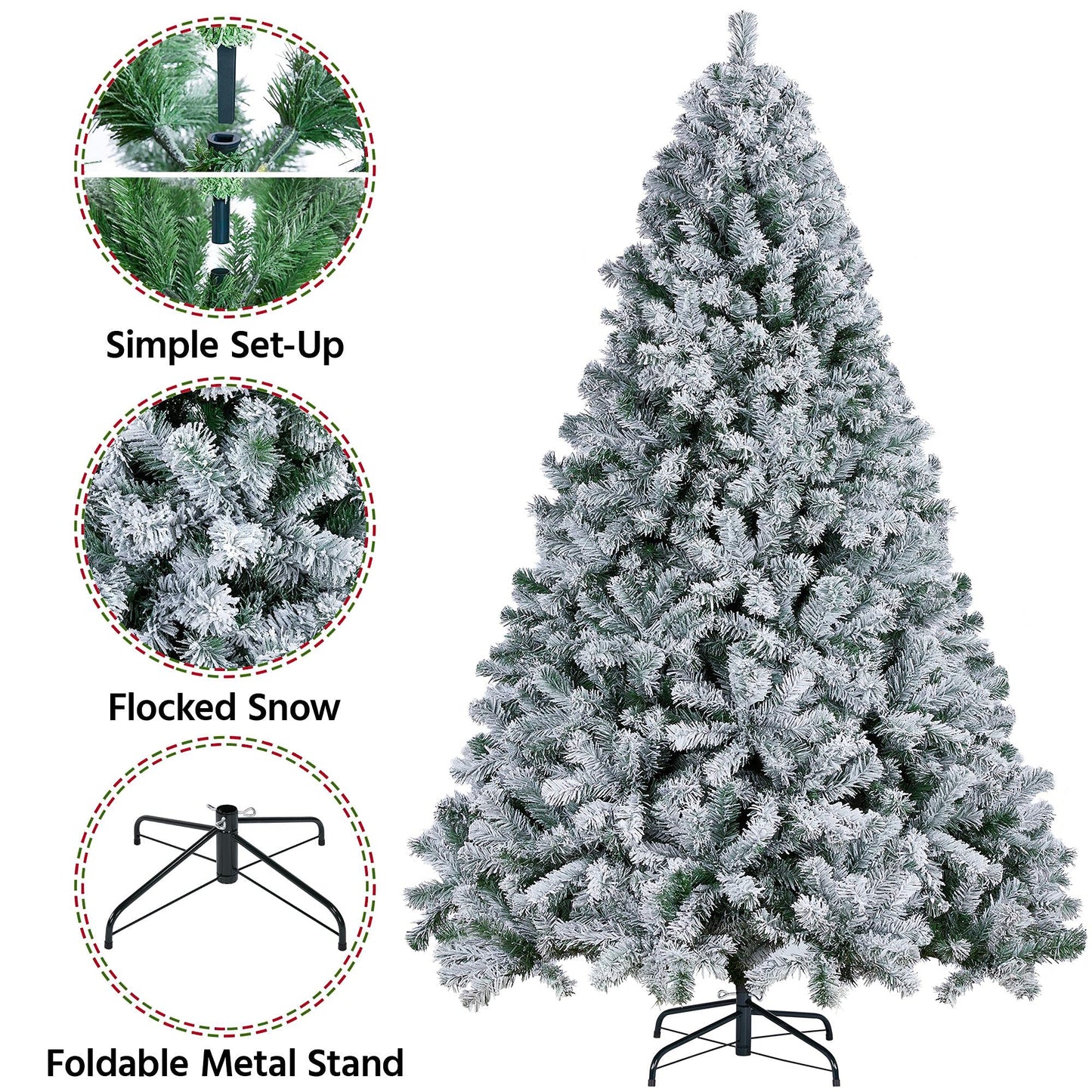 Yaheetech 7.5ft Premium Snow Flocked Hinged Artificial Christmas Fake Spruce Full Tree for Home Office Party Decoration with 1284 Branch White Snow Tips and Metal Stand