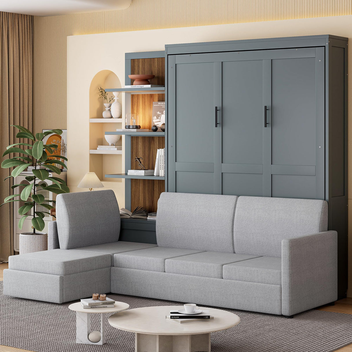 Queen Size Murphy Bed Wall Bed with Sofa and Shelves,Versatile Convertible Wooden Bed Frame,Space-Saving for Multipurpose Guest Room or Home Office (Gray) GYYBED