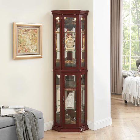 Royard Oaktree Lighted Curio Cabinet Wooden Corner Display Cabinet with Adjustable Tempered Glass Shelves Vintage Accent Storage Cabinet with Mirrored Back & Tempered Glass Doors, Cherry Royard Oaktree
