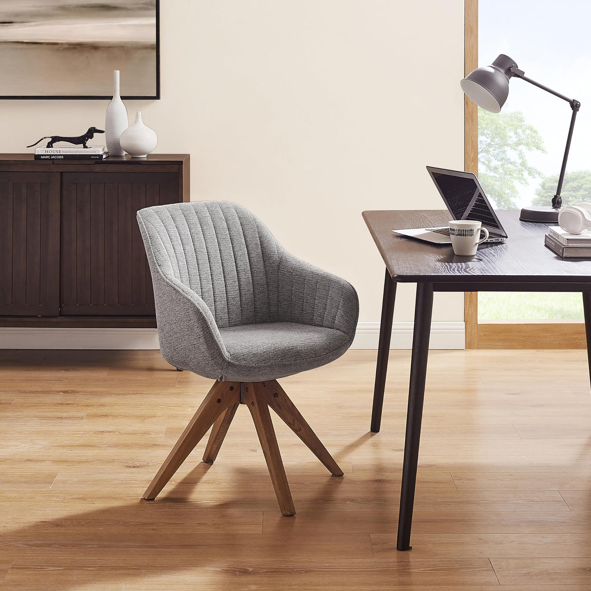 Art Leon Desk Chair - Mid Century Modern Office Chair No Wheels, Swivel Accent Chair with Oak Wood Legs, Fabric Upholstered Arm Chair, Gray Art Leon