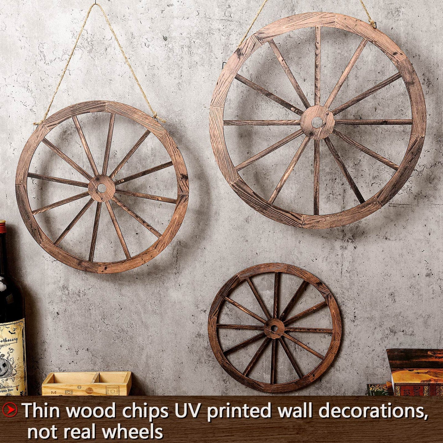 Qunclay 3 Pcs Wooden Wagon Wheel Decor 12/10/8 Inch Old Western Western Wall Decor Farmhouse Wagon Wheels Rustic Yard Wall Art Decor Hanging Decorative Wheels for Garden Home Bar Garage (Dark Brown)