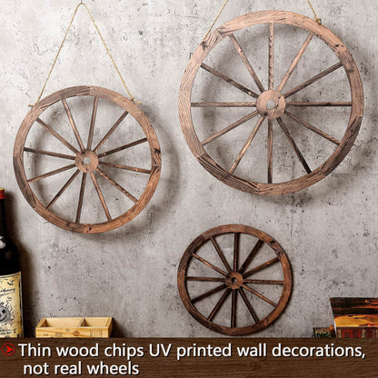 Qunclay 3 Pcs Wooden Wagon Wheel Decor 12/10/8 Inch Old Western Western Wall Decor Farmhouse Wagon Wheels Rustic Yard Wall Art Decor Hanging Decorative Wheels for Garden Home Bar Garage (Dark Brown)