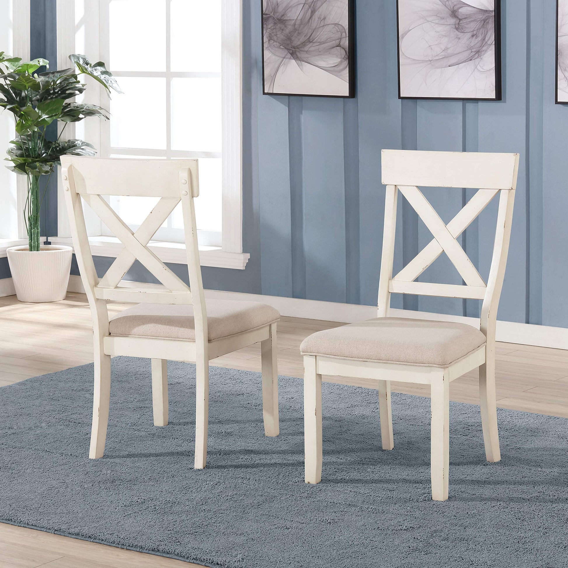 Roundhill Furniture Prato 6-Piece Dining Table Set with Cross Back Chairs and Bench, Antique White and Distressed Oak Finish - WoodArtSupply