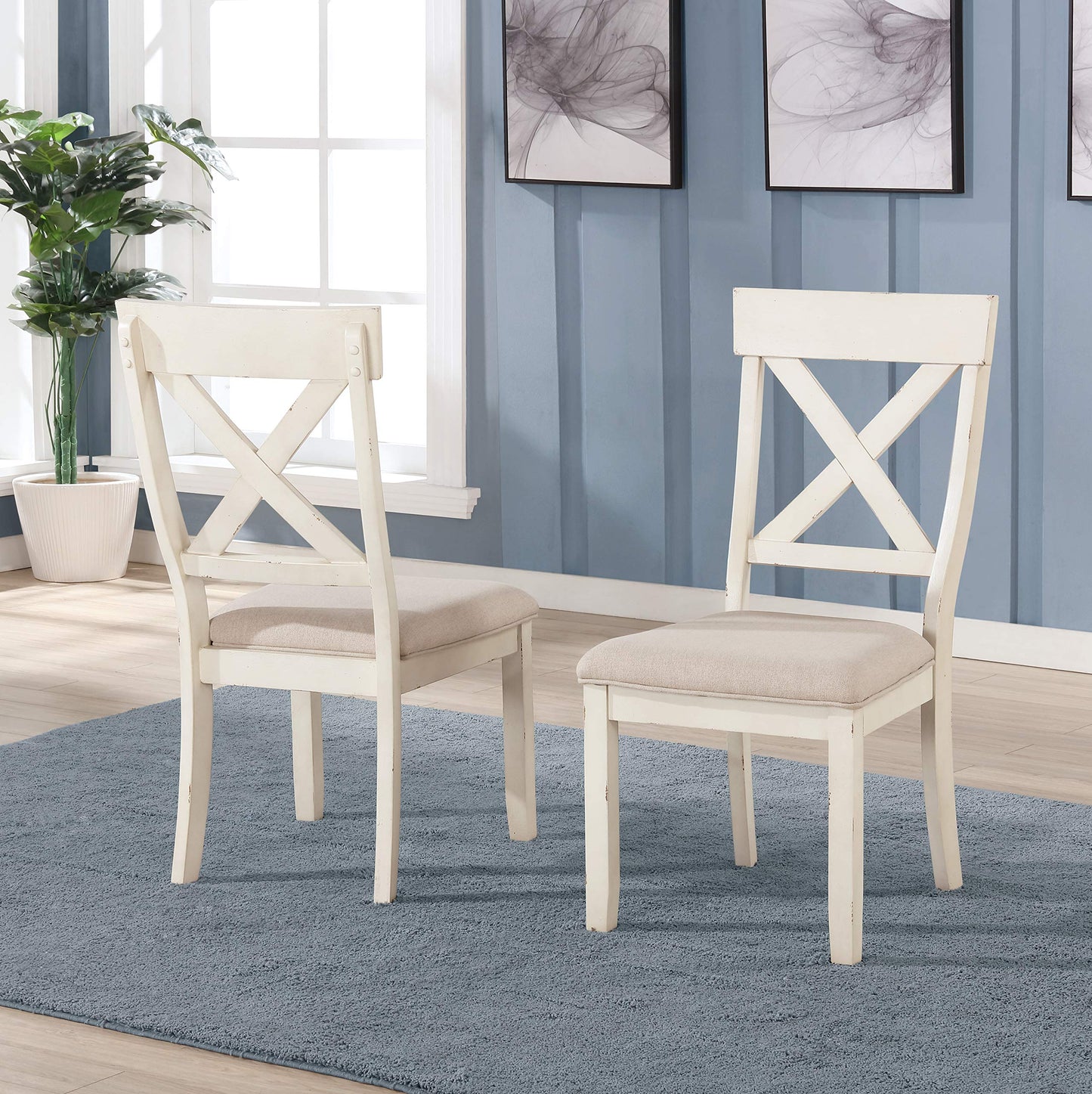 Roundhill Furniture Prato Wood Cross Back Upholstered Dining Chairs, Set of 2, Antique White - WoodArtSupply