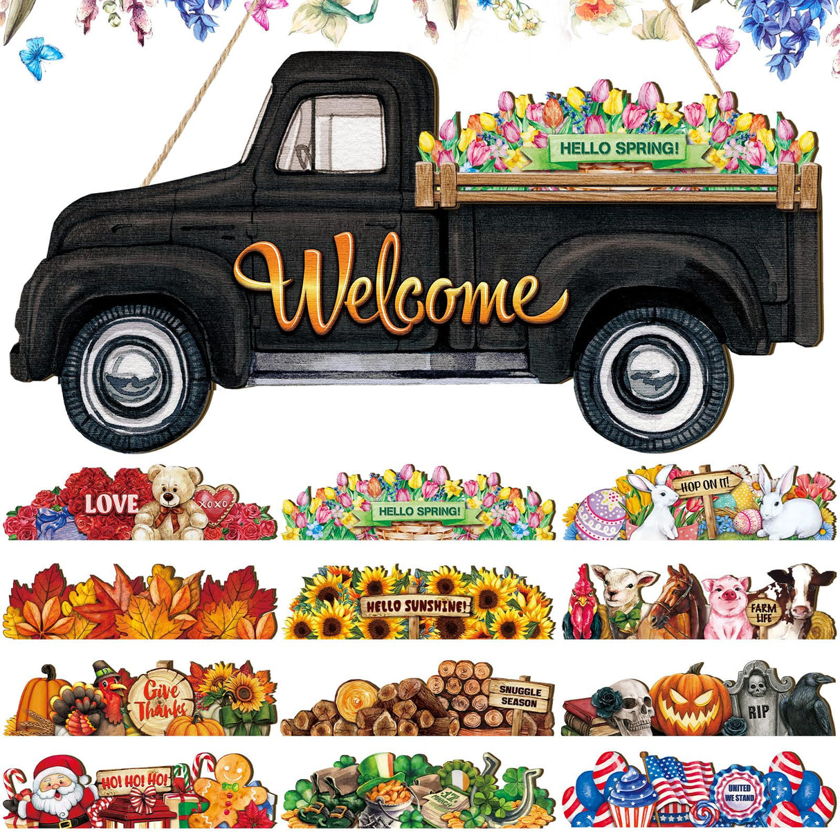 Ferraycle Interchangeable Welcome Sign Christmas Truck Decor Seasonal Door Signs with 12 Holiday Icons Rustic Farmhouse Interchangeable Holiday Decor for Christmas All Seasons(Black) Ferraycle