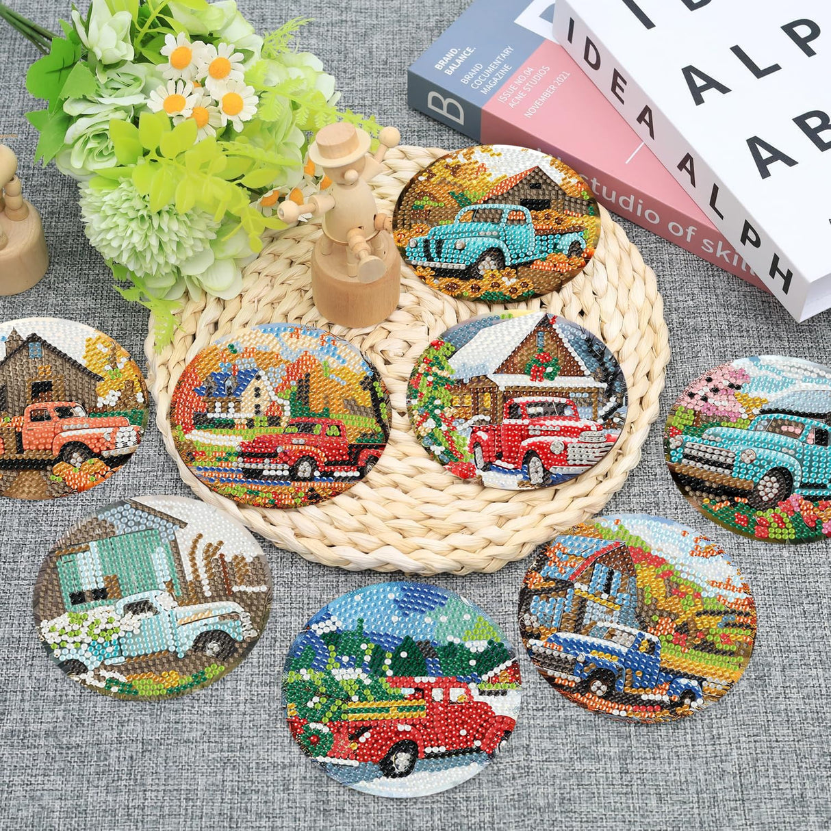 Ekuxom 8 PCS Truck Diamond Art Coasters Kits-5D Diamond Painting Coasters Kits with Holder-Cork Pads DIY Car Diamond Art for Adults Beginners Home Decor Crafts Gifts Ekuxom