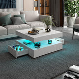 White LED Coffee Table with 2 Storage Drawers for Living Room Square Center Middle Table Modern Cocktail Table with Light 2-Tier Tea Tables Contemporary Mid Century Wood Home Office Waiting Room HedoAjim