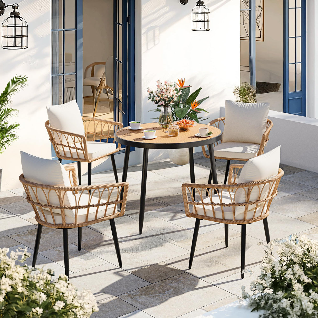 Pamapic 5 Pieces Patio Dining Set,All-Weather PE Rattan Patio Furniture Set with Wood Table Top, Outdoor Table and Chairs with Removable Cushion & Round Dining Table for Lawn Garden Patio, Cream Pamapic
