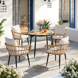 Pamapic 5 Pieces Patio Dining Set,All-Weather PE Rattan Patio Furniture Set with Wood Table Top, Outdoor Table and Chairs with Removable Cushion & Round Dining Table for Lawn Garden Patio, Cream Pamapic